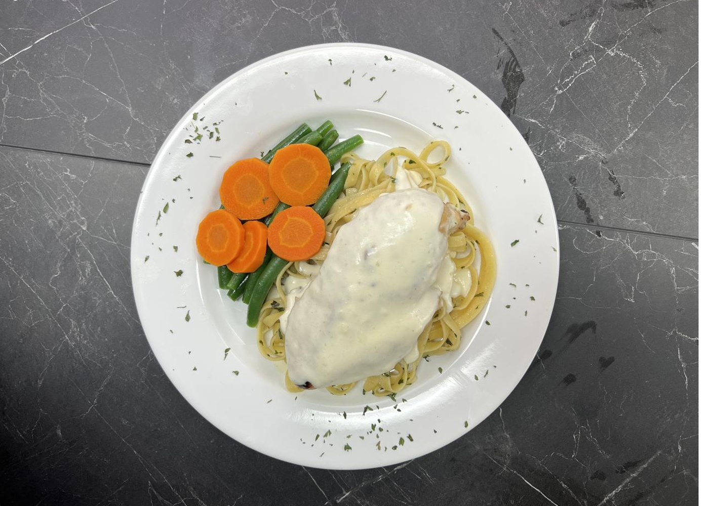 Chicken Alfredo close-up, Mary's Gourmet Catering